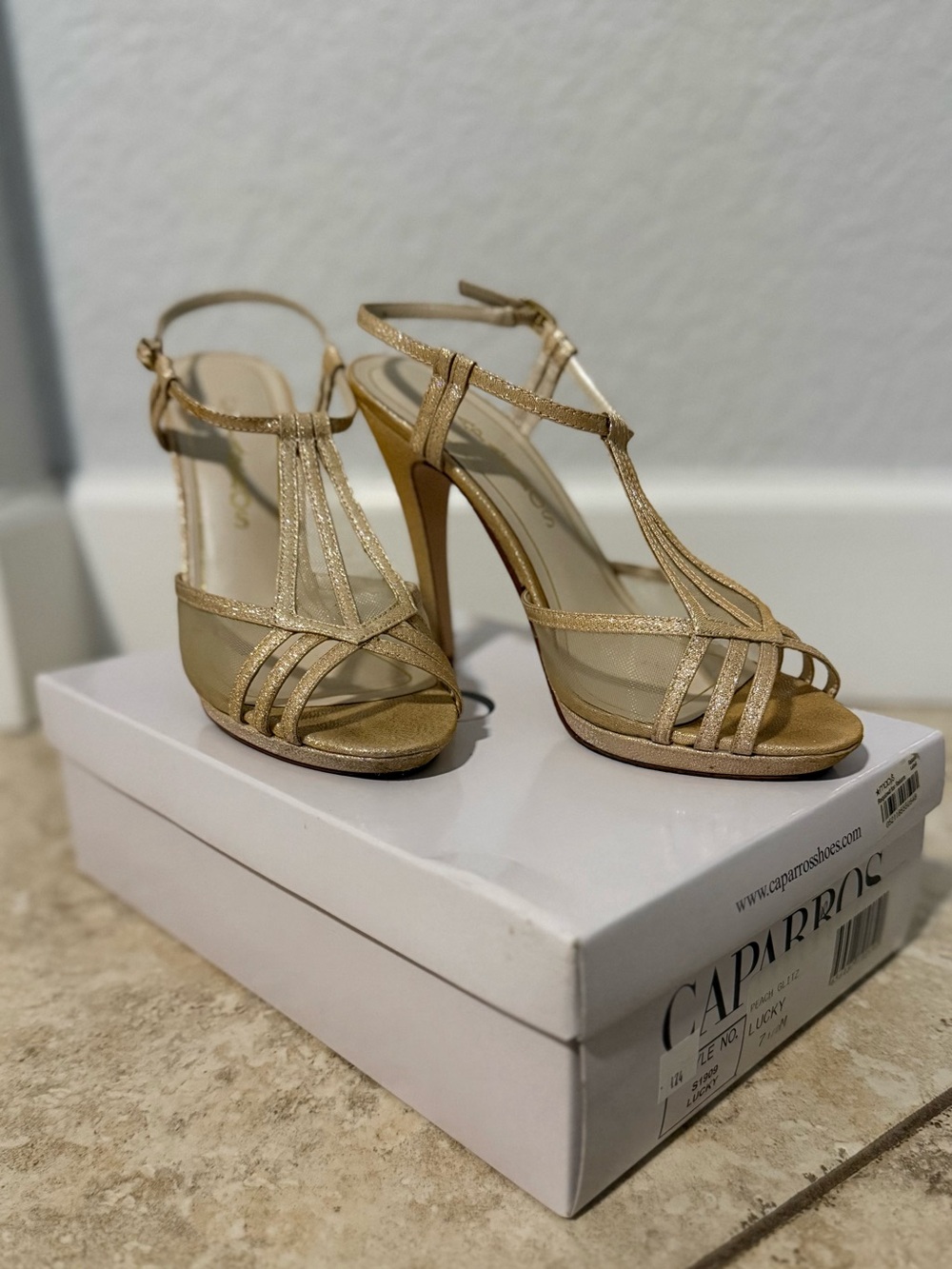 Caparros Glitter Gold Strappy T‑Bar Heels